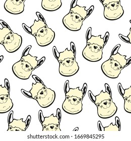 Vector seamless pattern of cute animals llamas. Smiling faces of cute animals. Pattern for printing on textiles, packaging, wallpaper, paper.