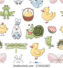 Vector seamless pattern with cute animals. Funny background with snail, bird, butterfly, chicken, rabbit, duck, bug, frog, dragonfly for design print, poster, wrapping paper, fabric, t-shirt.