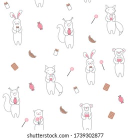 Vector seamless pattern with cute animals and sweets. White background