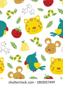 vector seamless pattern of cute animals cartoon with fruits. Cat, mouse, bird and caterpillar.
