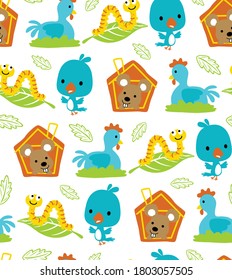 vector seamless pattern of cute animals cartoon. Chicken laying egg, bird, mice in cage, caterpillar on leaf