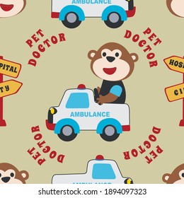 Vector seamless pattern with cute animals inside. monkey doctor driving emergency car. Creative vector childish background for fabric, textile, nursery wallpaper, poster brochure. Vector illustration.