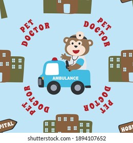 Vector seamless pattern with cute animals inside. monkey doctor driving emergency car. Creative vector childish background for fabric, textile, nursery wallpaper, poster brochure. Vector illustration.