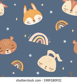 Vector seamless pattern with cute animals faces in pastel colors. Squirrel, teddy bear, deer and bunny.  For print, nursery clothes, packaging.