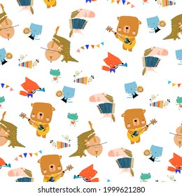 Vector Seamless Pattern with Cute Animals playing the musical instruments