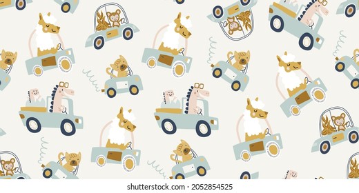 Vector Seamless Pattern With Cute Animals Driving Car, Truck - Bear, Crocodile, Giraffe, Lama, Hippo, Monkey, Cat, Rabbit On Light Background. Childish Seamless Pattern For Boys And Girls