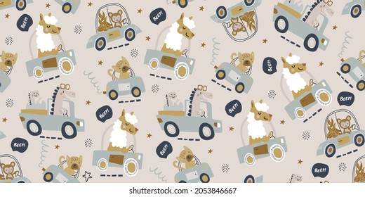 Vector seamless pattern with cute animals driving car, truck - bear, crocodile, giraffe, lama, hippo, monkey, cat, rabbit on light background. childish seamless pattern for boys and girls