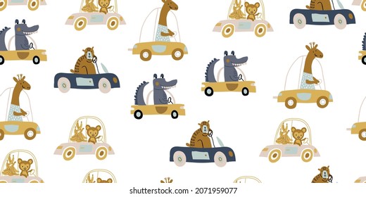 Vector seamless pattern with cute animals driving car, truck - bear, crocodile, giraffe, lama, hippo, monkey, cat, rabbit on white background. childish seamless pattern for boys and girls