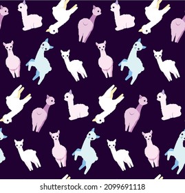 vector seamless pattern with cute animals alpaca llamas purple. print for baby clothes, pajamas, gift paper