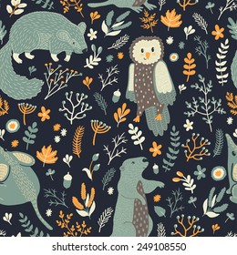 Vector seamless pattern with cute animals and floral elements: leaves, berries, branches, nuts, acorns and flowers. Natural hand drawing texture with marmot, mouse, owl and groun?hog in the forest.