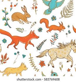 Vector seamless pattern with cute animals: fox, rabbit, horse, pony, cat, squirrel, bird and plants. Natural vernal backdrop. Template for graphic design, textile and postcards