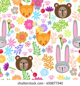 Vector seamless pattern with cute animals. Beautiful children's print with bunny, teddy bear, fox and flower. Cute children's pattern.
