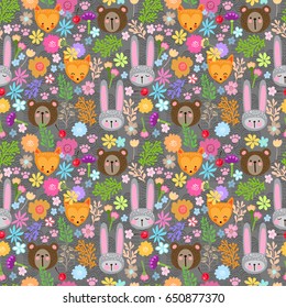 Vector seamless pattern with cute animals. Beautiful children's print with bunny, teddy bear, fox and flower. Cute children's pattern.