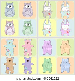 Vector seamless pattern of cute animals - owl, bear, bunny and cat. Cartoon style. EPS 10
