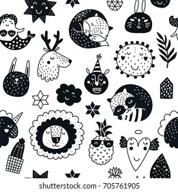 Vector seamless pattern with cute animals. Kids background with unicorn, lion, deer, mermaid, fox. Black and white, scandinavian style