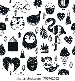 Vector seamless pattern with cute animals. Kids background with owl, mermaid, flamingo, dog, bear. Black and white, scandinavian style