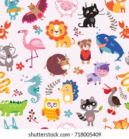 Vector seamless pattern with cute animals. Hand drawn outline decorative endless background with cute cartoon animal set. Graphic illustration. Print for wrapping, background, decor