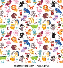 Vector seamless pattern with cute animals. Hand drawn outline decorative endless background with cute cartoon animal set. Graphic illustration. Print for wrapping, background, decor