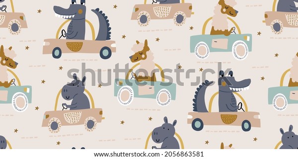 Vector seamless pattern with cute animals driving\
car, truck - bear, crocodile, giraffe, lama, hippo, monkey, cat,\
rabbit on light background. childish seamless pattern for boys and\
girls