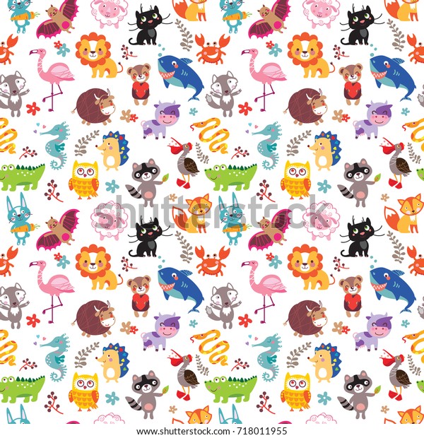 Vector seamless pattern with cute animals. Hand\
drawn outline decorative endless background with cute cartoon\
animal set. Graphic illustration. Print for wrapping, background,\
decor