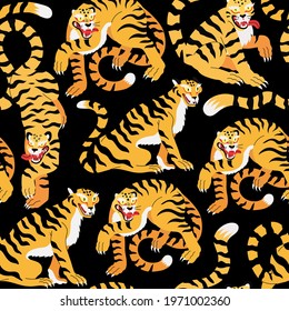 Vector seamless pattern with cute asian style tigers on black background. Fashionable fabric or textile print design.