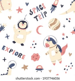 Vector seamless pattern with cute astronauts unicorn, penguin, dinosaur and space objects