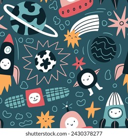 Vector seamless pattern with cute  astronauts, planets, stars and ufo. Stylish hand drawn childish fabric design. Space traveling illustration on dark blue background