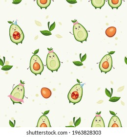 Vector seamless pattern with cute avocados characters on light green background. 