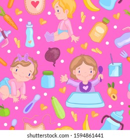 Vector seamless pattern with cute babies with bibs and diaper. Baby food objects and hearts in cartoon style. Stock texture for menus, café, apparel, linen, wallpapers. Pink background.