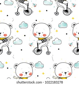 vector seamless pattern of cute baby bear on bicycle.cartoon hand drawn vector illustration. 