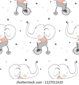 vector seamless pattern of cute baby elephant on bicycle.cartoon hand drawn vector illustration.Can be used for baby t-shirt print, fashion print design, kids wear