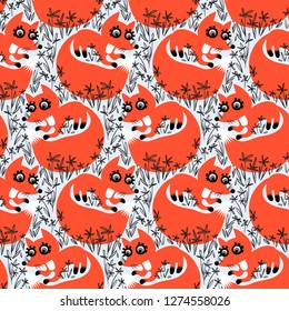 Vector seamless pattern with cute baby foxes in forest with flowers