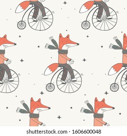 Vector seamless pattern of cute baby fox on bicycle.cartoon hand drawn vector illustration.Can be used for baby t-shirt print, fashion print design, kids wear