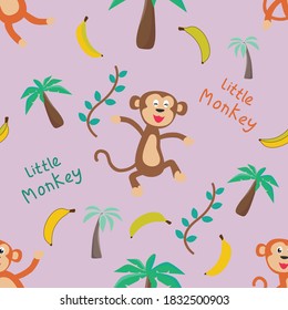 Vector seamless pattern with cute baby monkey, Childish texture in minimalistic style. Great for fabric, textile Vector Illustration