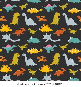 Vector seamless pattern with cute baby dinosaurs. Hand drawn brontosaurus, tyrannosaurus, pterodactyl, triceratops, stegosaurus, spinosaurus, plesiosaurus, ankylosaurus, velociraptor, parasaurolophus