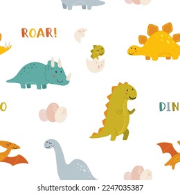 Vector seamless pattern with cute baby dinosaurs. Hand drawn brontosaurus, tyrannosaurus, pterodactyl, triceratops, stegosaurus. Set of flat cartoon vector illustrations isolated on white background