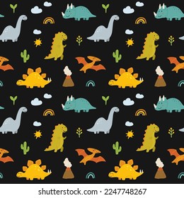 Vector seamless pattern with cute baby dinosaurs. Hand drawn brontosaurus, tyrannosaurus, pterodactyl, triceratops, stegosaurus. Set of flat cartoon vector illustrations isolated on white background