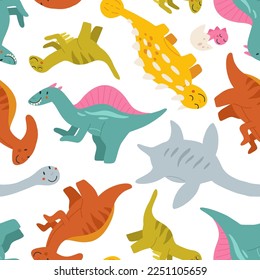 Vector seamless pattern with cute baby dinosaurs. Hand drawn spinosaurus, plesiosaurus, ankylosaurus, velociraptor, parasaurolophus. Set of flat cartoon dinosaurus.