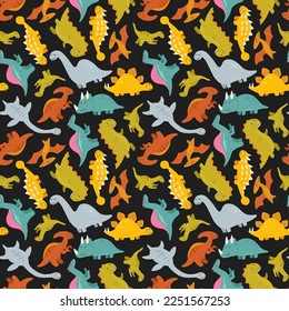 Vector seamless pattern with cute baby dinosaurs. Hand drawn brontosaurus, tyrannosaurus, pterodactyl, triceratops, stegosaurus, spinosaurus, plesiosaurus, ankylosaurus, velociraptor, parasaurolophus