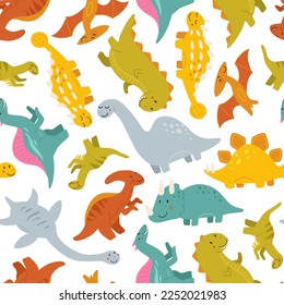 Vector seamless pattern with cute baby dinosaurs. Hand drawn brontosaurus, tyrannosaurus, pterodactyl, triceratops, stegosaurus, spinosaurus, plesiosaurus, ankylosaurus, velociraptor, parasaurolophus