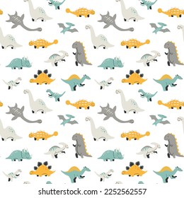 Vector seamless pattern with cute baby dinosaurs. Hand drawn brontosaurus, tyrannosaurus, pterodactyl, triceratops, stegosaurus, spinosaurus, plesiosaurus, ankylosaurus, velociraptor, parasaurolophus