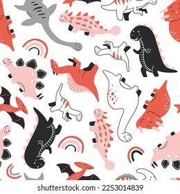 Vector seamless pattern with cute baby dinosaurs. Hand drawn brontosaurus, tyrannosaurus, pterodactyl, triceratops, stegosaurus, spinosaurus, plesiosaurus, ankylosaurus, velociraptor, parasaurolophus