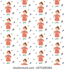 Vector seamless pattern with cute baby girl is playing triangle music, surrounded by notes.
