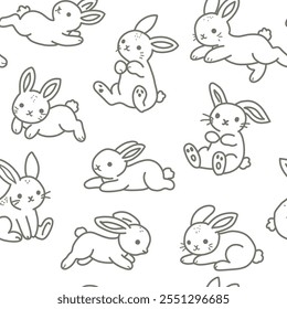 Vector seamless pattern with cute baby bunny. Gender neutral repeat print for kids. Simple hand drawn line art rabbits for newborn.