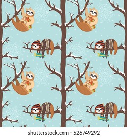 Vector seamless pattern with cute baby sloths. Funny sloths dressed up in winter style, first girl holding gift box, second hipster boy sleeping on the tree. Holiday design. Winter forest illustration