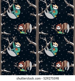 Vector seamless pattern with cute baby sloths. Funny sloths dressed up in winter style, first girl holding gift box, second hipster boy sleeping on the tree. Holiday design. Winter forest illustration