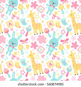 Vector seamless pattern with cute baby elements. Background in nice colors for a little girl and boy.