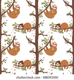 Vector seamless pattern with cute baby sloth. Funny cartoon sloths on the tree, first girl holding gift box, second hipster boy sleeping on the branch. Summer background with rainforest animals