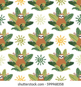 Vector seamless pattern with cute baby sloths. Cartoon funny sloth sitting among tropical leaves. Summer background with adorable animals. Vector illustration