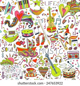 Vector seamless pattern, cute background. Draw, doodles. Notes, love, musical instruments, music, life. Illustration can be used for wrappers, websites, banners, fabrics, posters, surface texture.